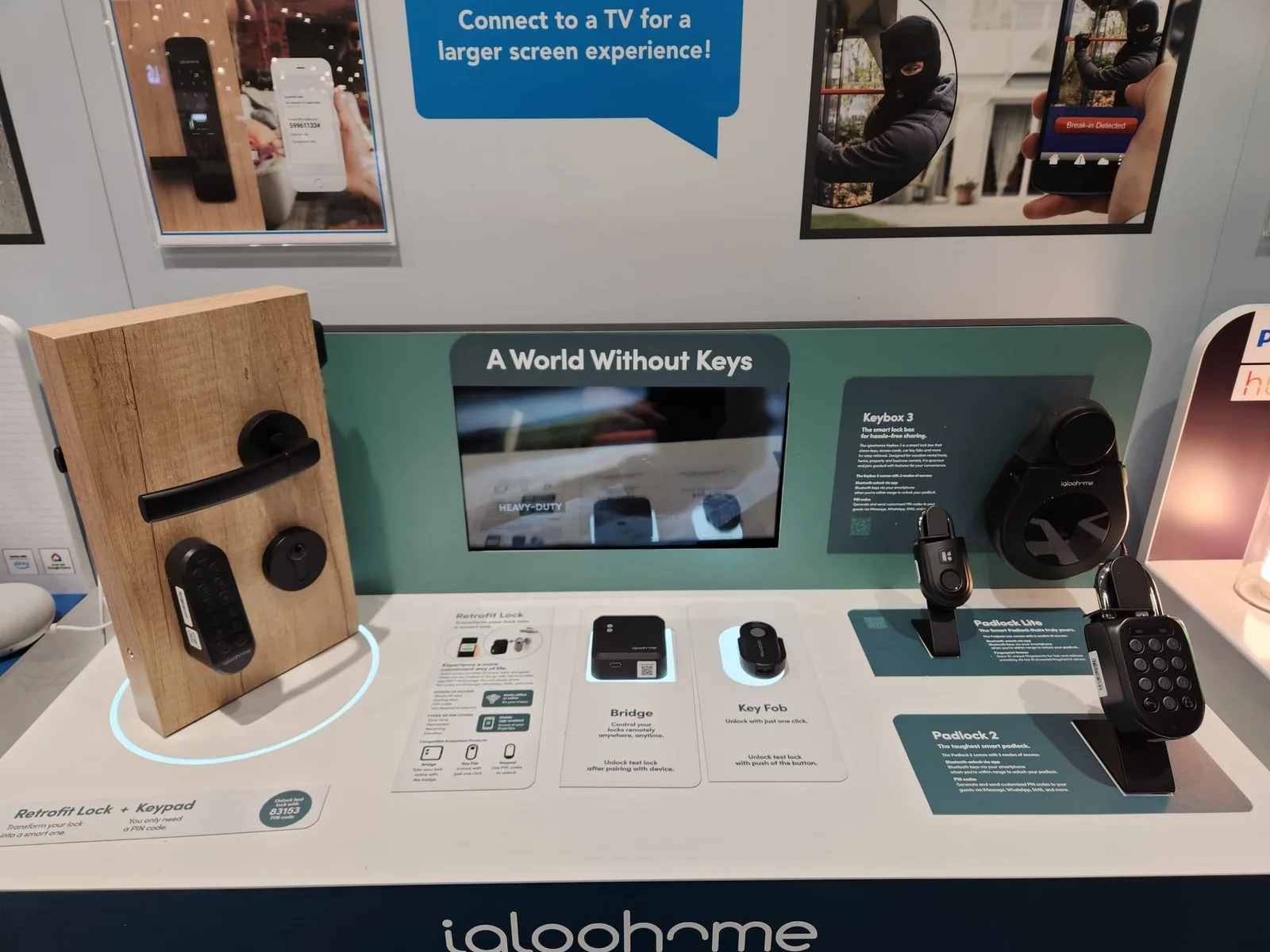 Bespoke igloohome retail display showing connected locks, keyboxes, padlocks and customer information