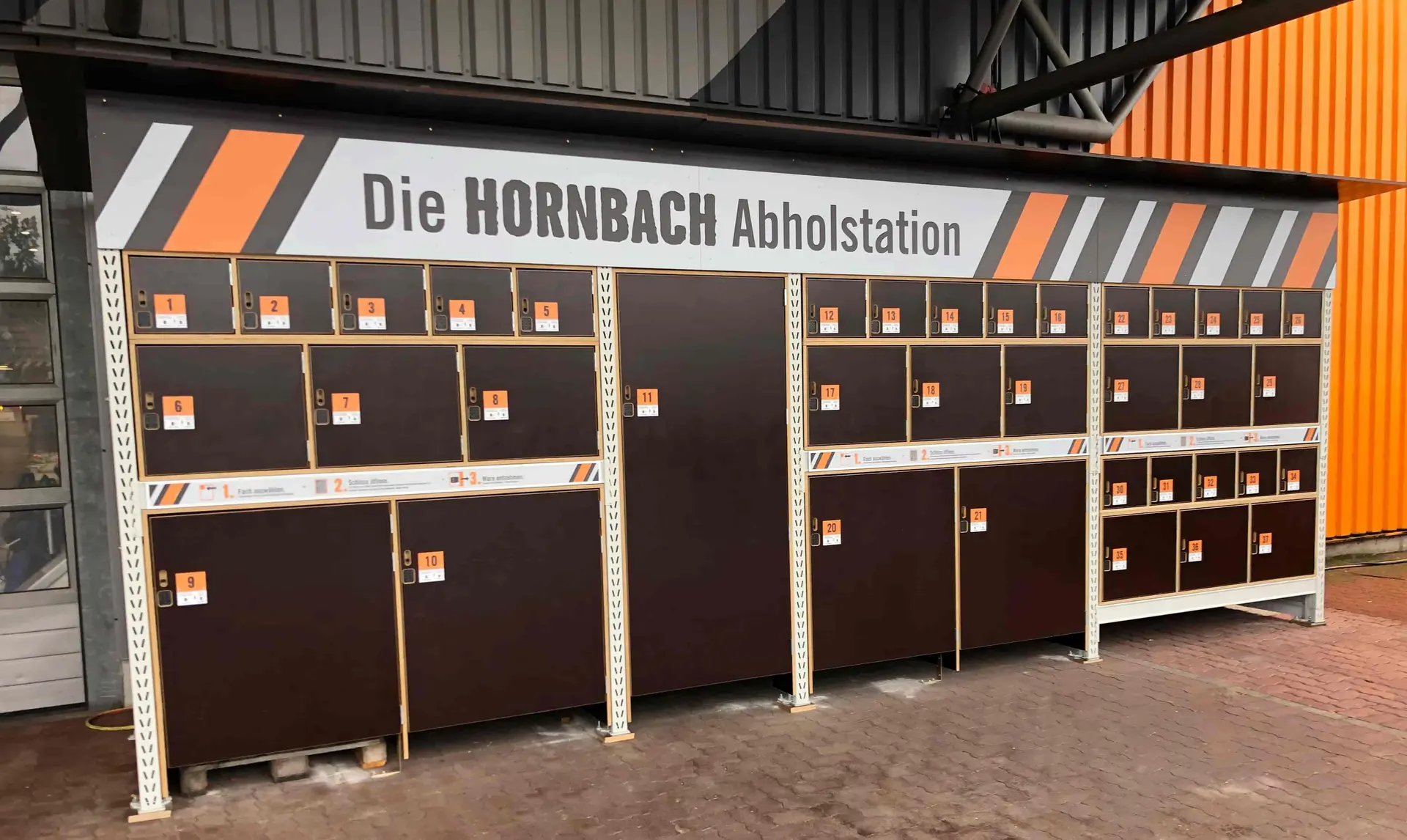 Wide view of a Hornbach collection station with multiple connected-lock compartments