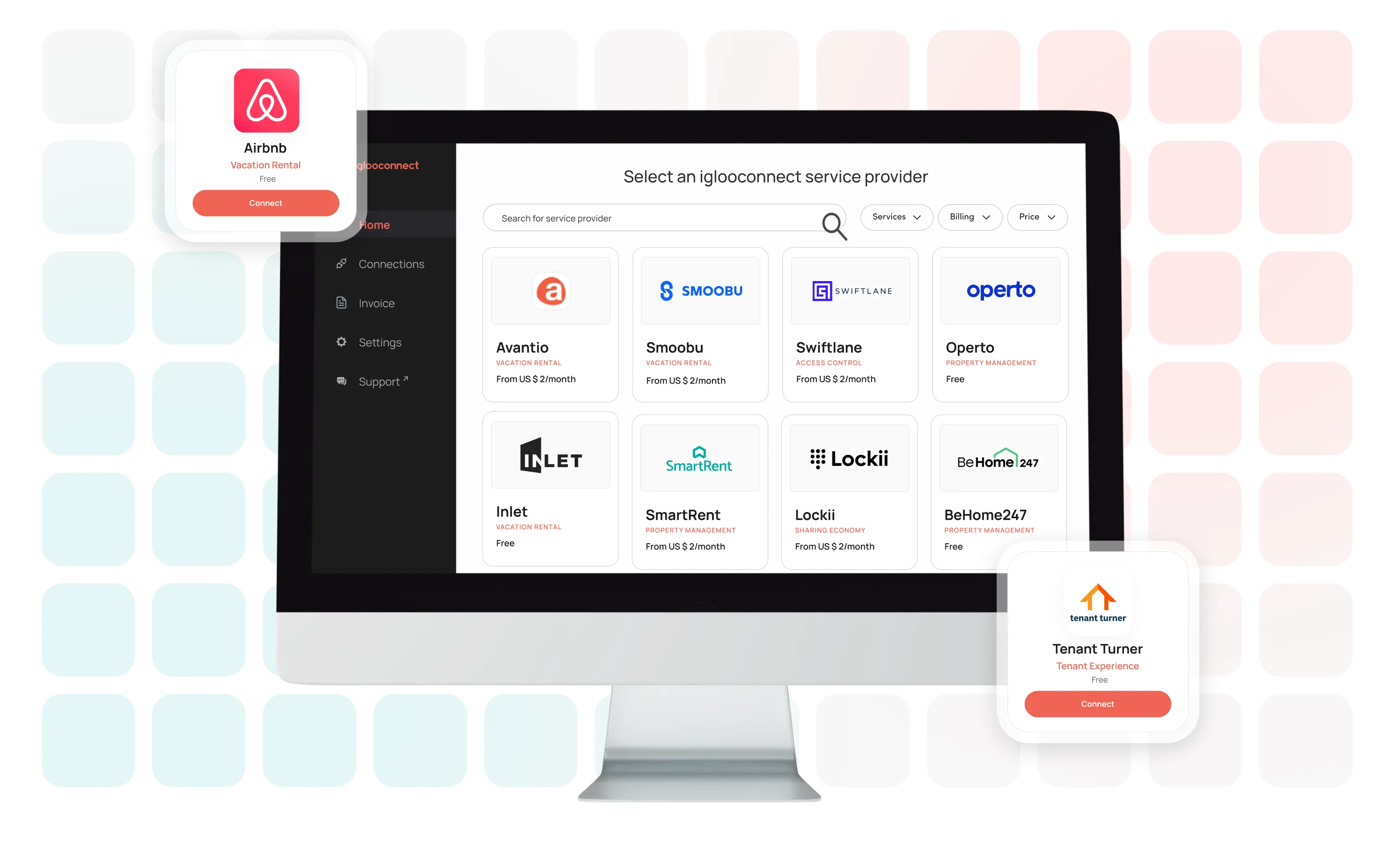 iglooConnect marketplace dashboard showing smart-lock integrations with property, rental and access platforms