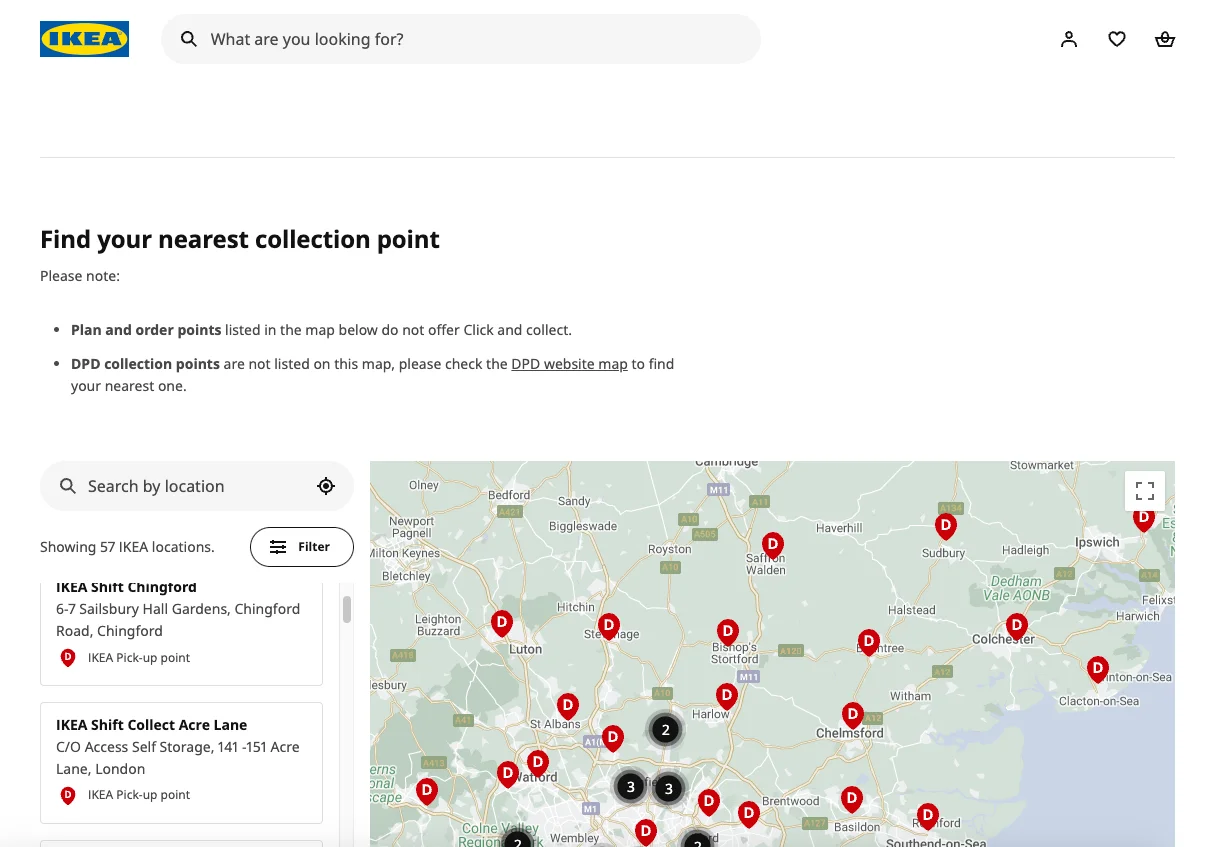 IKEA collection-point map showing customer collection locations