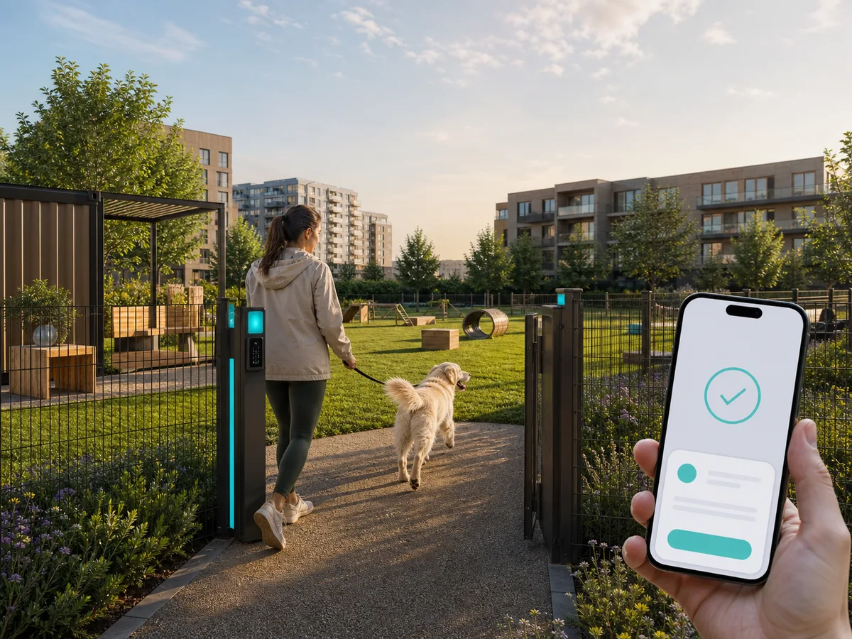 Visual concept of a secure bookable dog-exercise space with connected access