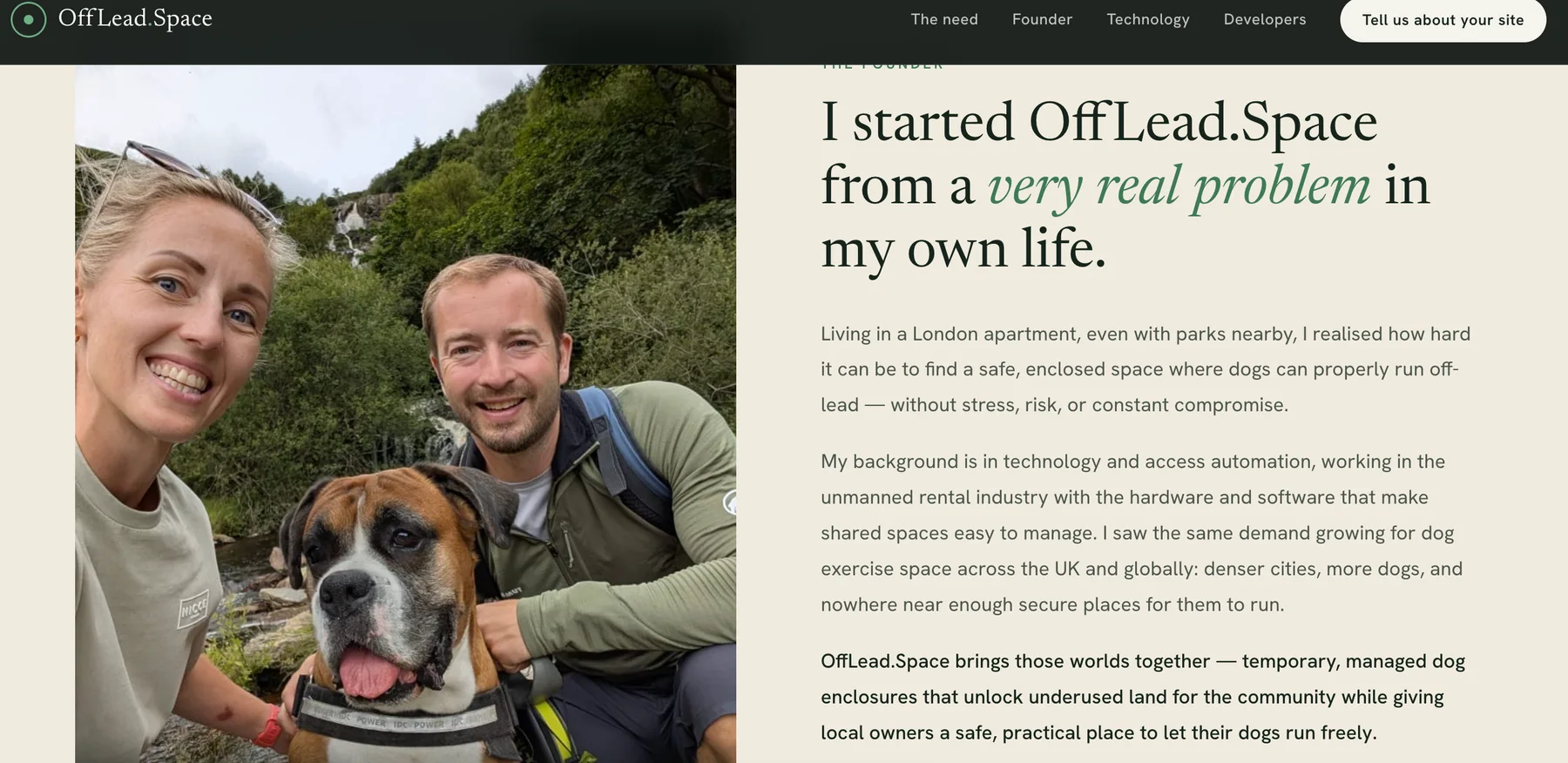 Rafael Frankow with his partner and dog alongside the founder story on the OffLead Space website
