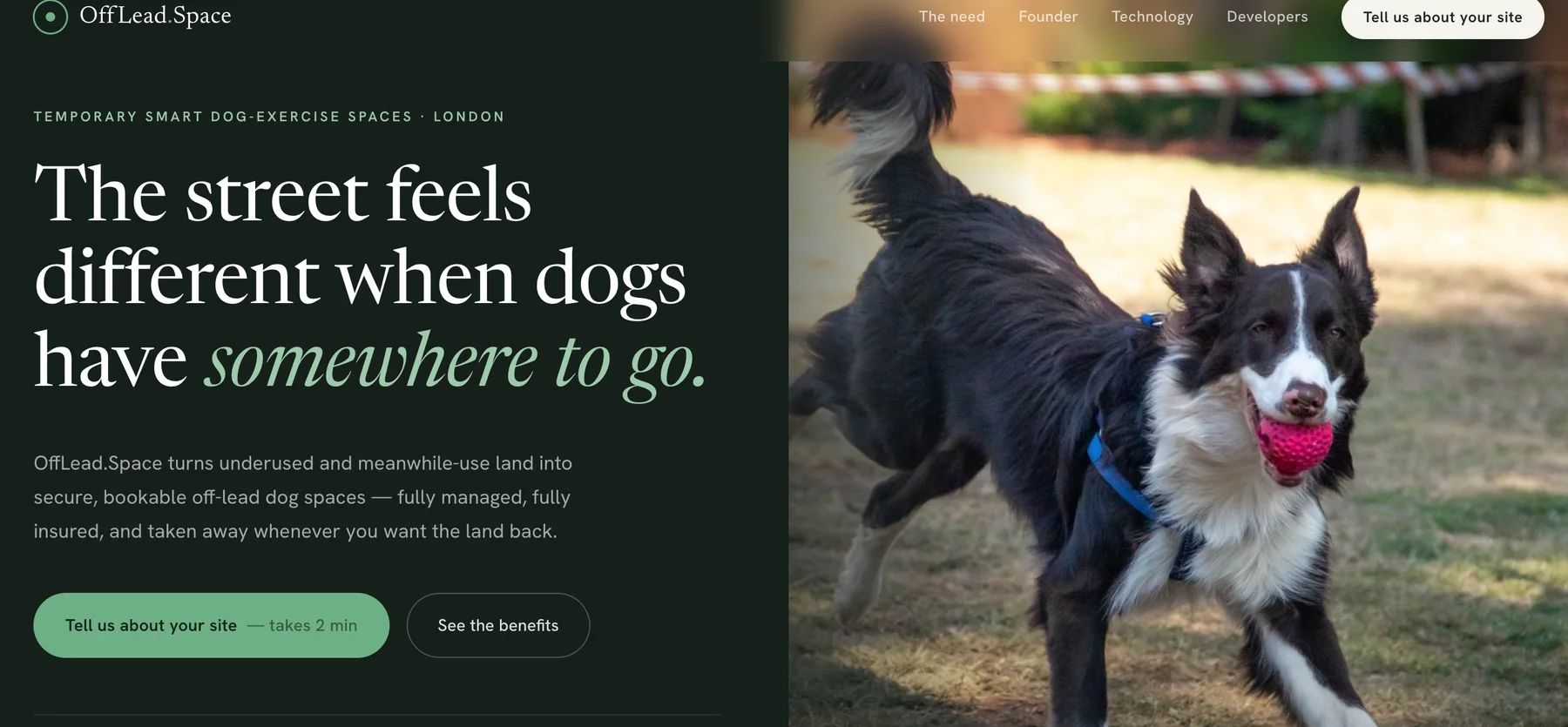 OffLead Space website presenting temporary smart dog-exercise spaces for London