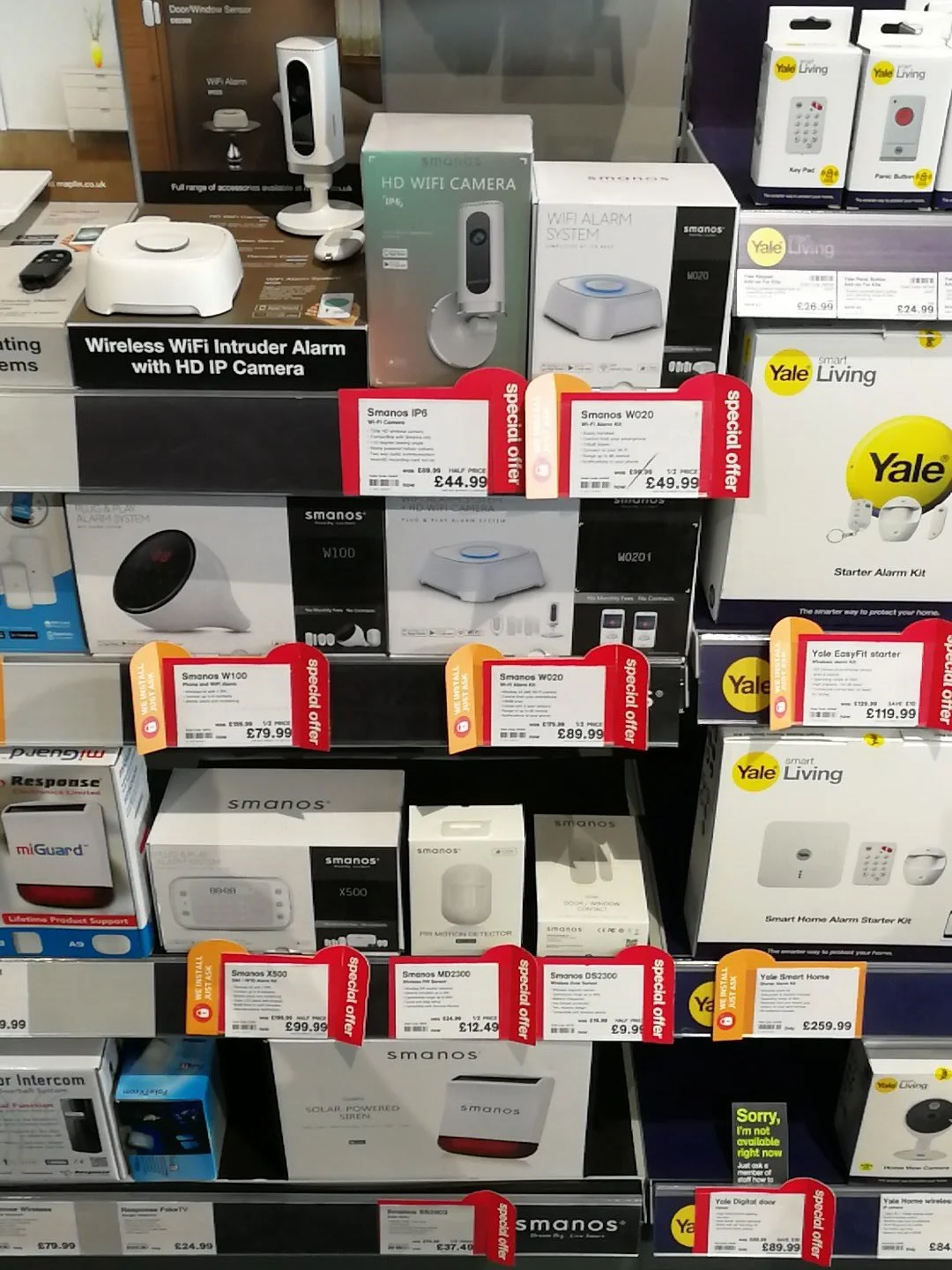 Smanos smart-home products displayed in a UK retail store