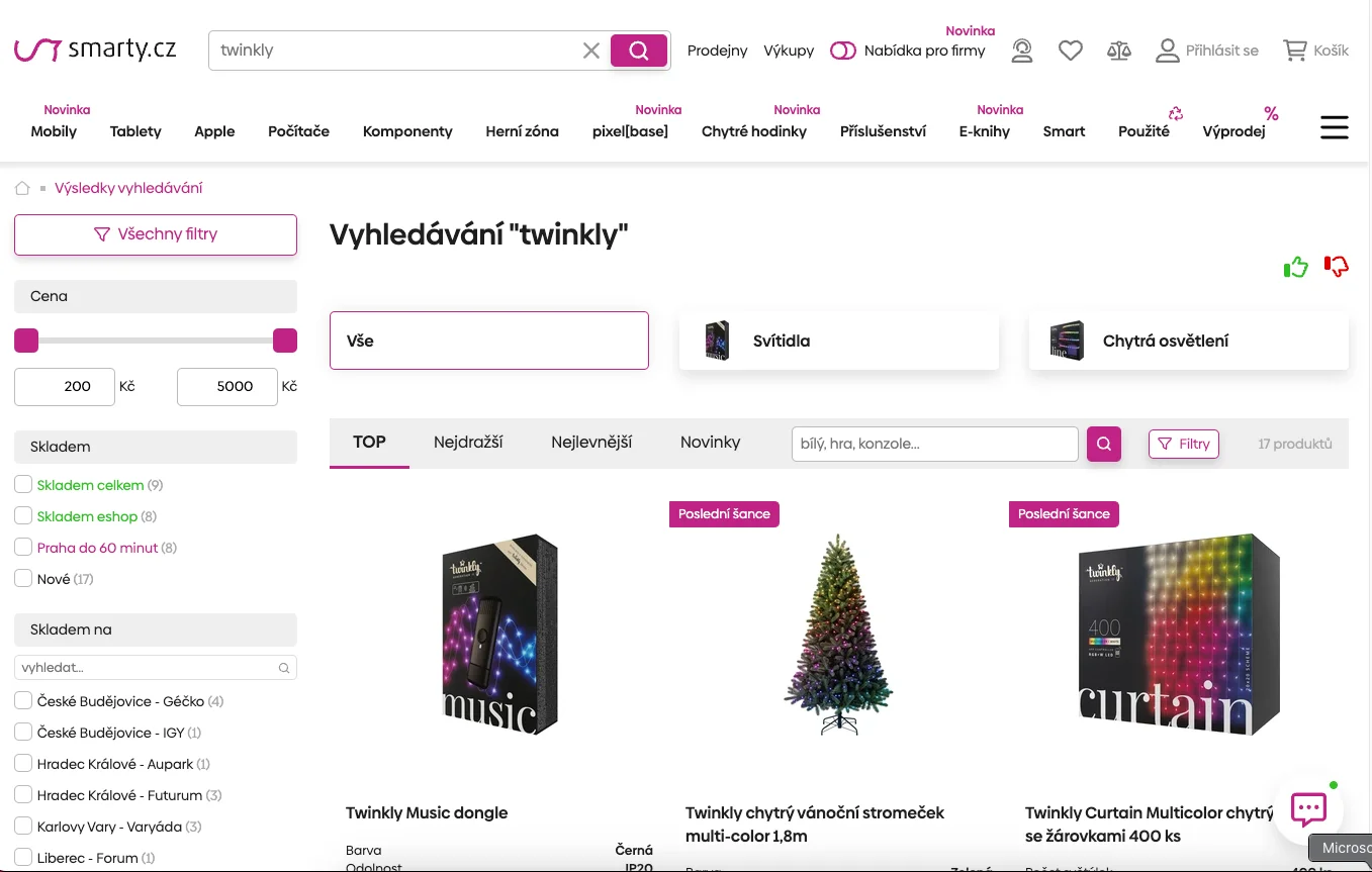 Twinkly products listed on the Smarty Czech retail website