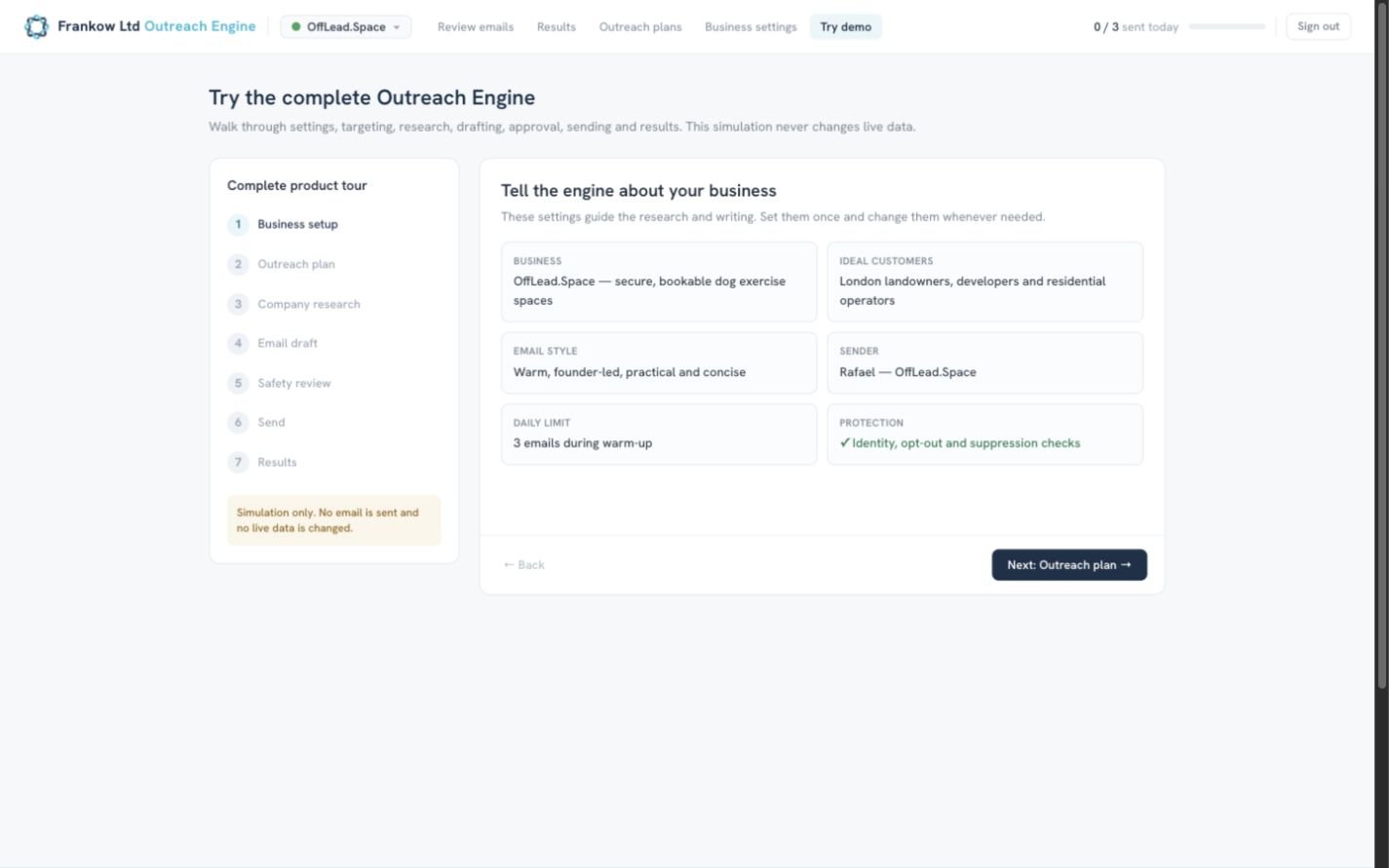 The Frankow Outreach Engine business setup showing the approved business context, ideal customers, email style and sending controls